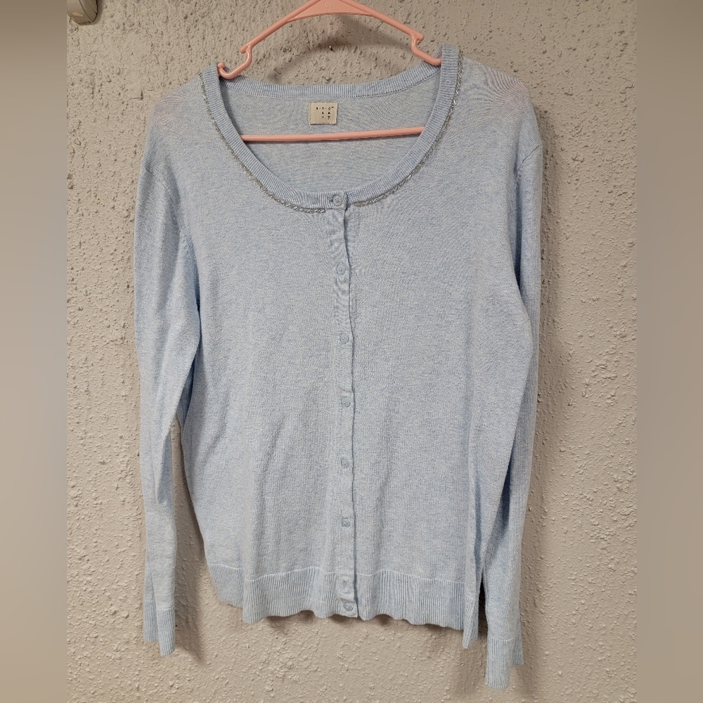 A New Day - Women's Size L Cloud Blue Cardigan with Jewel Neckline Accents